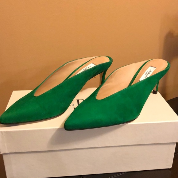 green suede mules